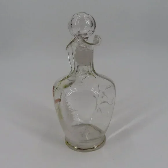 Antique Hand Blown Glass Vinegar Decanter Painted Angel Child Cruet Stopper VTG